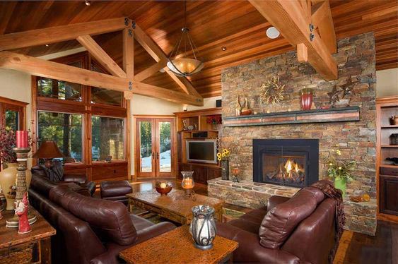 Patterned Furniture and a Natural Stone Fireplace